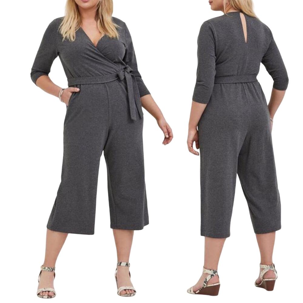 Torrid Jumpsuit Belted Cropped Wide Leg Cotton Jersey Knit Grey Plus Womens 2X
